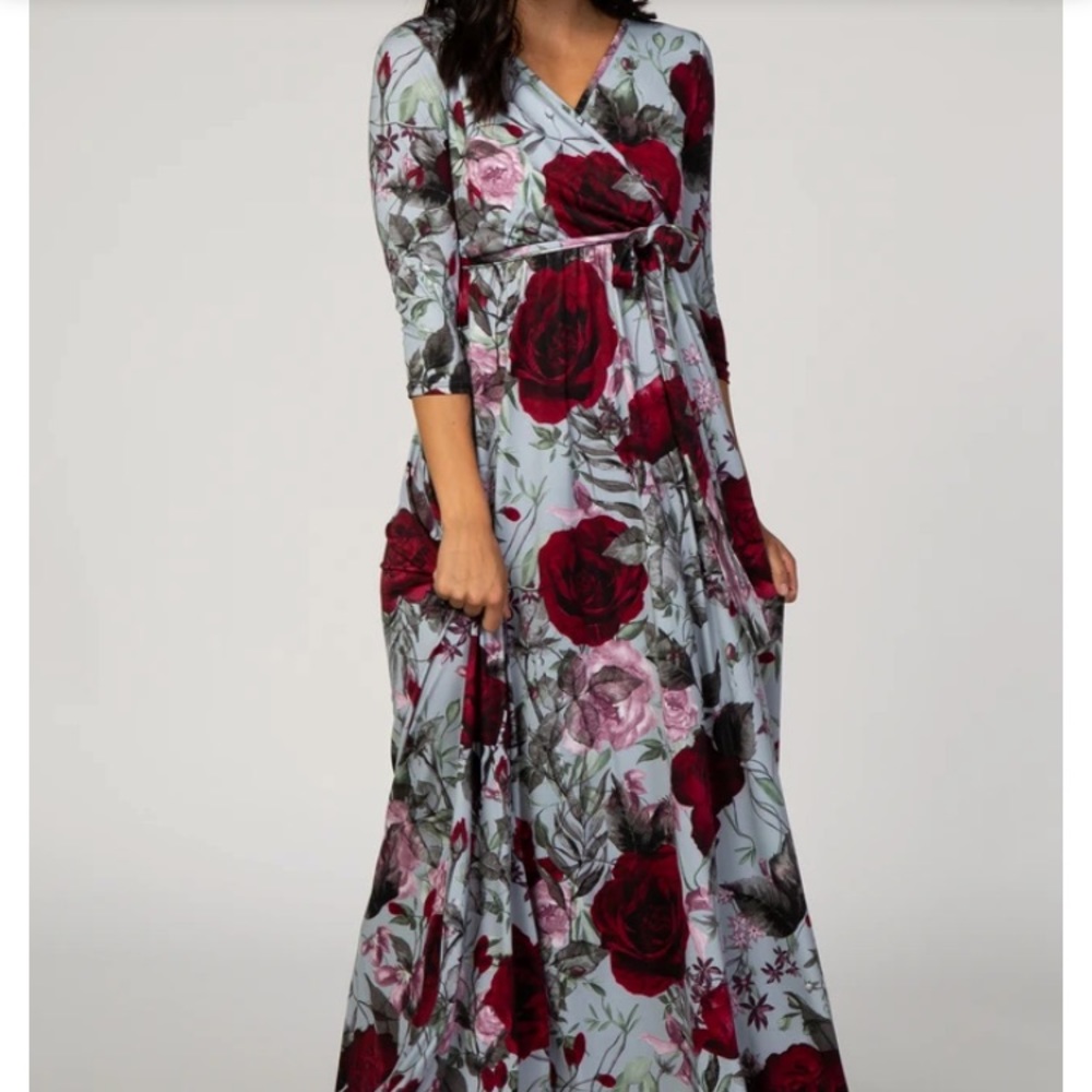 PinkBlush Grey Rose print maternity wrap dress